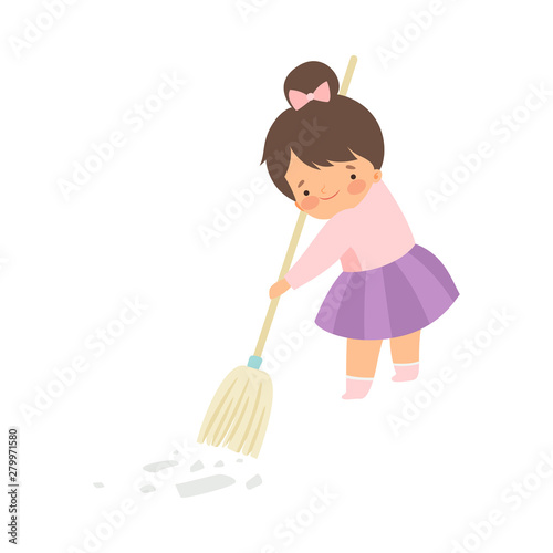 Cute Brunette Little Girl Sweeping the Floor with Broom at Home, Adorable Kid Doing Housework Chores at Home Vector Illustration