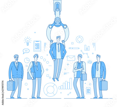 Robot recruiter. Industrial claw choosing man from people selected group. Recruitment human employment agency vector business concept. Robot professional research employee, hr select illustration