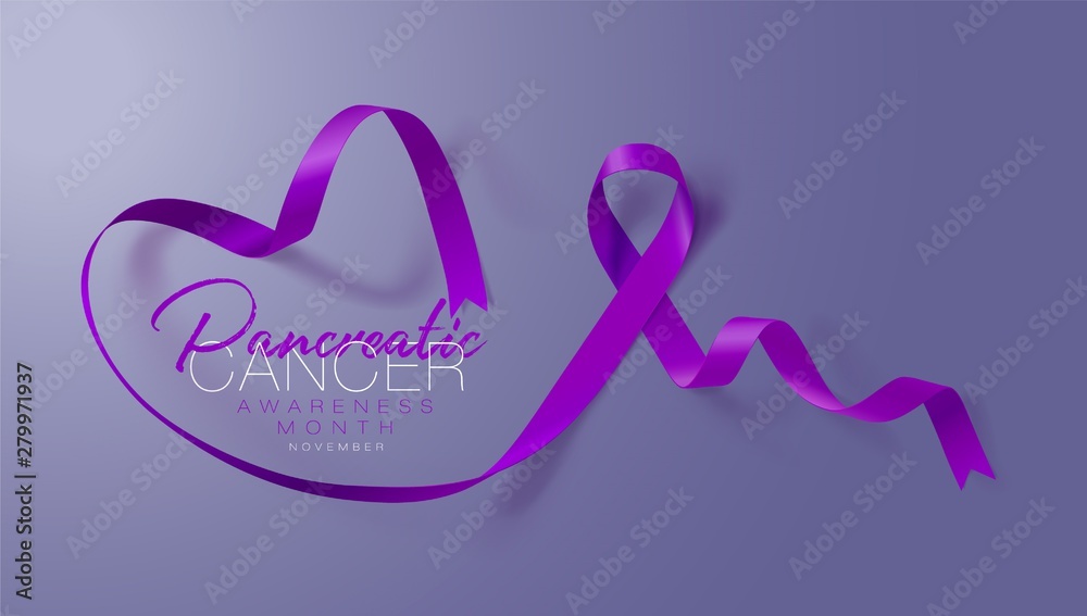 Pancreatic Cancer Awareness Calligraphy Poster Design. Realistic Purple Ribbon. November is Cancer Awareness Month. Vector Illustration