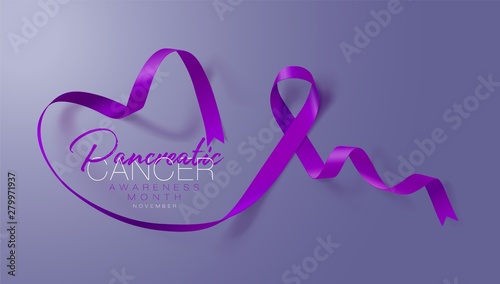 Pancreatic Cancer Awareness Calligraphy Poster Design. Realistic Purple Ribbon. November is Cancer Awareness Month. Vector Illustration