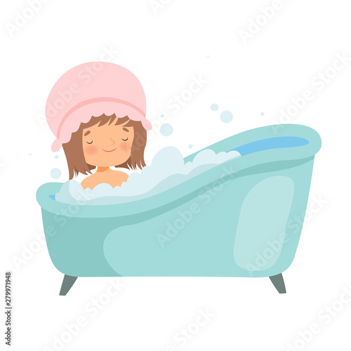 Cute Little Girl with Shower Cap Taking Bath in Bathtub Full of Foam, Adorable Kid in Bathroom, Daily Hygiene Vector Illustration