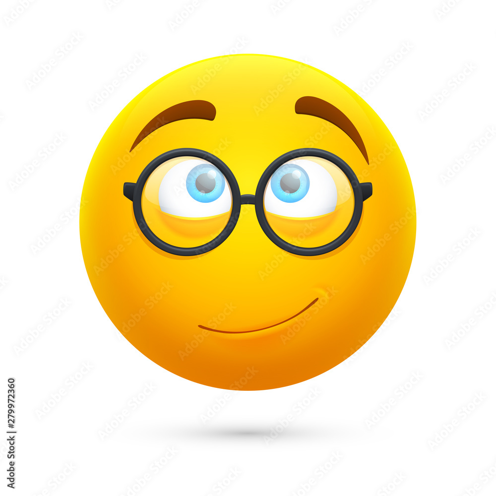 Cartoon yellow 3d smiley face. Cute geek vector emoji isolated on white background. Illustration of geek and nerd emoji expression