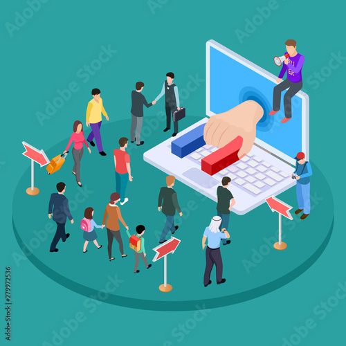 Isometric promotion vector concept. Marketing and advertising, attracting people. Isometric marketing promotion, people magnet to content illustration