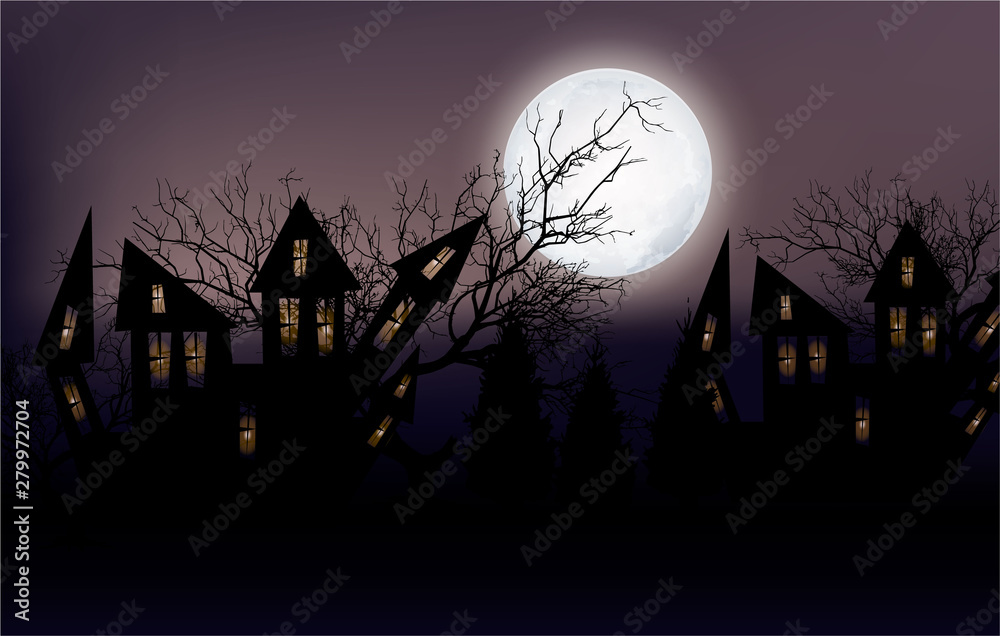 Halloween poster background. Foggy landscape with old scary house, tree, big moon