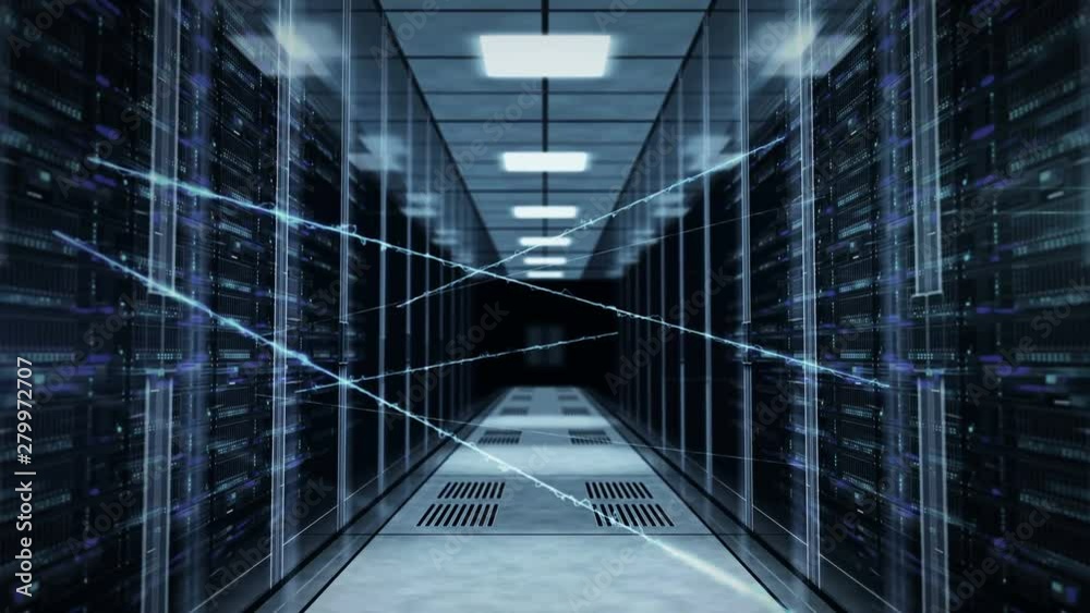 Flight through rack servers in computer data center with neural network connection. Seamless and loopable concept of supercomputer, artificial intelligence and deep learning.