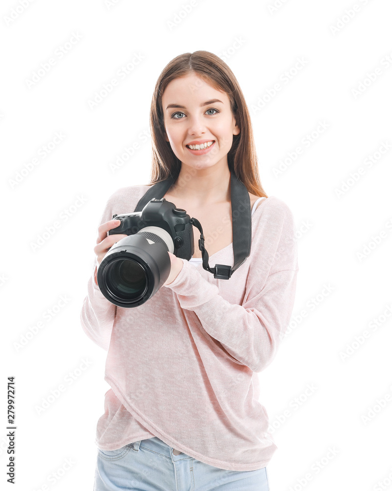 Young female photographer on white background Young female photographer on white background