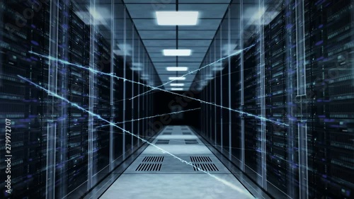 Flight through rack servers in computer data center with neural network connection. Seamless and loopable concept of supercomputer, artificial intelligence and deep learning.