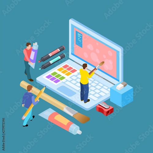 Isometric digital artists vector concept. Designers, brushes, notebook and stationery illustration. Illustration of designer and artist team drawing at laptop