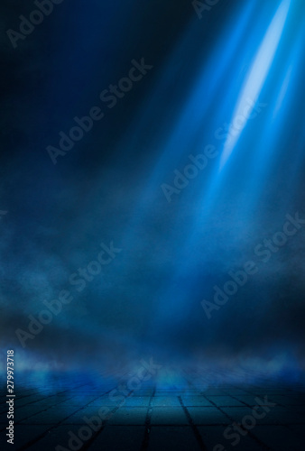 Empty street scene background with abstract spotlights light. Night view of street light reflected on water. Rays through the fog. Smoke, fog, wet asphalt with reflection of lights. 