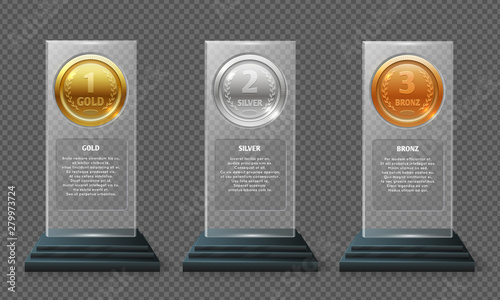 Gold silver and bronze medal trophy. Realistic crystal vector awards isolated on transparent background. Sport awards medals in glass illustration
