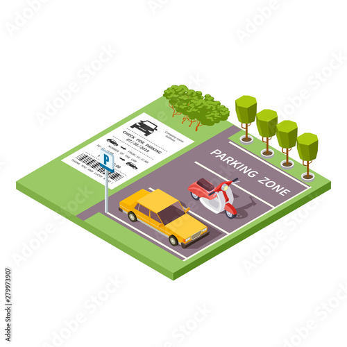 Isometric car parking zone vector illustration 3d. Urban parking zone, service park for vehicle