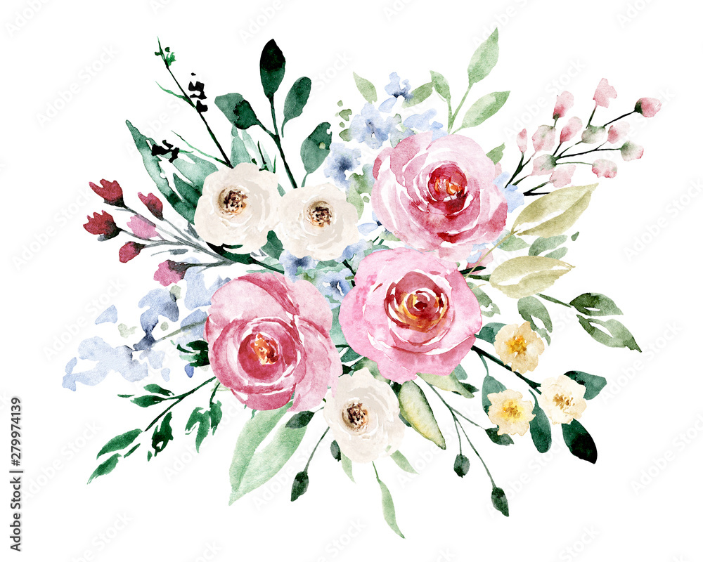 Obraz Watercolor flowers, pink, white roses. Floral summer bouquet for printing invitations, greeting cards, wall art, stickers and other. Isolated on white. Hand painted.
