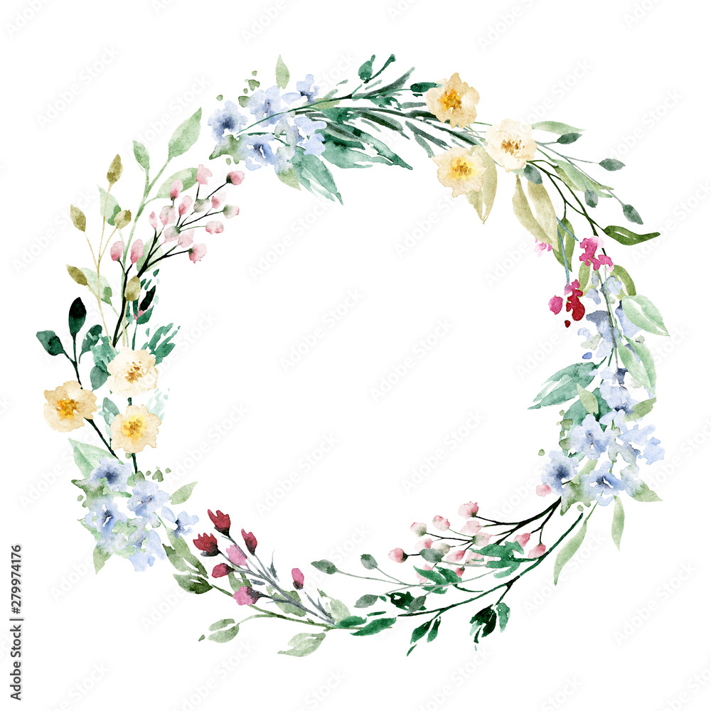 Wreath with watercolor flowers, green leaves. Floral summer frame for printing invitations, greeting cards, wall art, stickers and other. Isolated on white. Hand painted. 