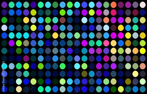 Pink blue green yellow polka dots pattern. Festive disco party background.