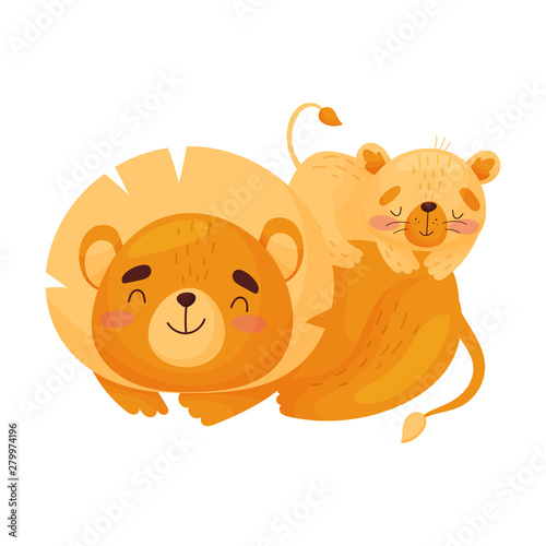 Lioness and lion cub. Vector illustration on white background.