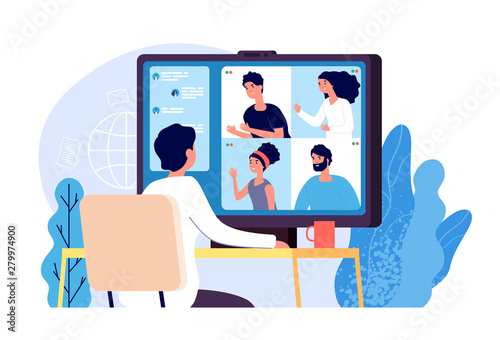Video conference. People group on computer screen taking with colleague. Video conferencing and online communication vector concept. Illustration of communication screen conference, videoconferencing photo