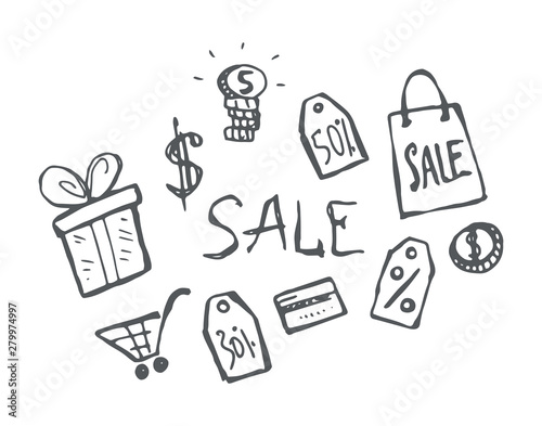 Shopping icons hand-drawn doodle set. Vector black and white contour isolated illustration.