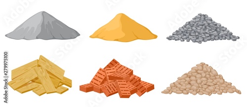 Construction material piles. Gypsum and sand, crushed and stones, red bricks and wooden planks heaps isolated vector set. Industrial plywood, panel and pile of bricks and sand illustration