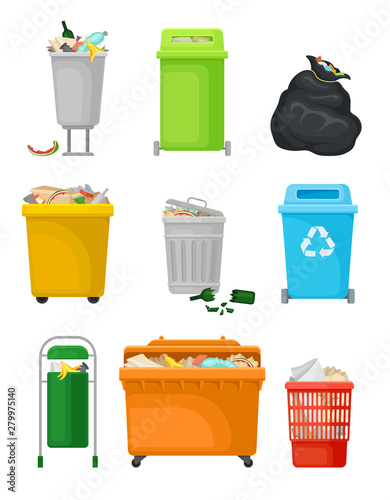 Set of images of trash cans. Vector illustration on white background.