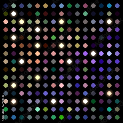 Disco glitter mosaic background. Festive party decoration. Purple blue green lights dots pattern.
