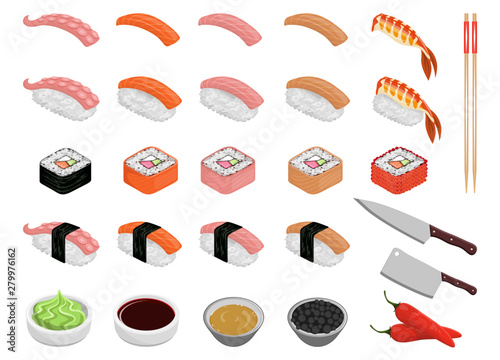 Set of sushi rolls, maki, philadelphia, california, futomaki, dragons and rice. Japanese traditional sushi food. Seafood and sashimi. Chopsticks and soy sauce for sushi roll. Japanese restaurant