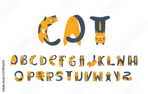 Cats flat vector font. Kittens cartoon stylized alphabet bold symbols. Cute and funny domestic animals isolated decorative uppercase letters set. Creative latin color typeset for children book
