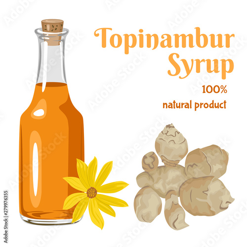 Jerusalem artichoke Syrup in glass bottle isolated on white background. Natural sweetener with Topinambur tubers and yellow flower. Vector illustration of Sunroot in cartoon flat style.