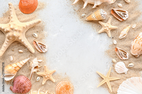 Beautiful sea shells, starfishes and sand on light background