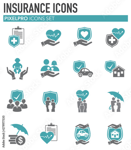 Insurance related icons set on background for graphic and web design. Simple illustration. Internet concept symbol for website button or mobile app.