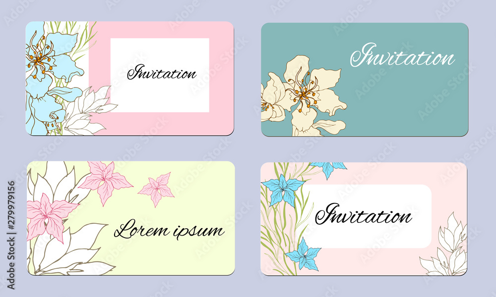Set of spring cards with delicate flowers. Vector illustration of pink and white flowers. Delicate cards in vintage style.