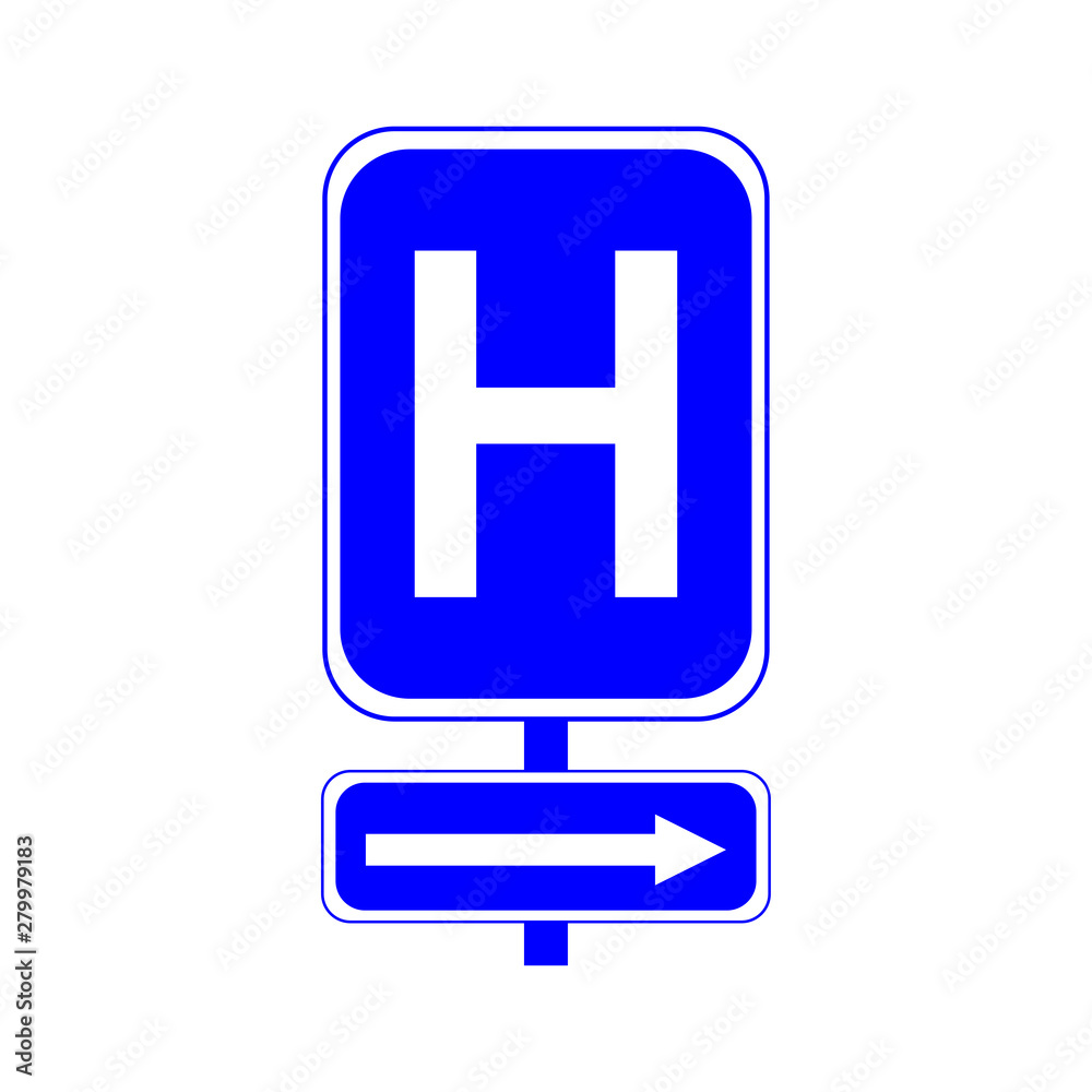 Hospital sign. Letter H on a blue background. And the arrow to the right Hospital sign. Letter H on a blue background. And the arrow to the right