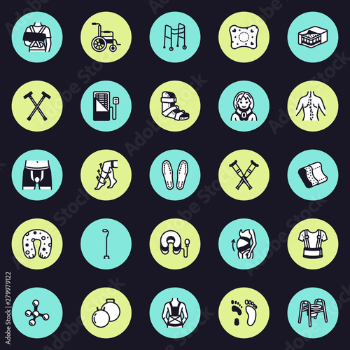 Orthopedic, trauma rehabilitation vector line icons. Crutches, mattress pillow, cervical collar, walkers, ergonomic shoes, chiropractic. Health care thin linear signs for osteopath clinic, hospital