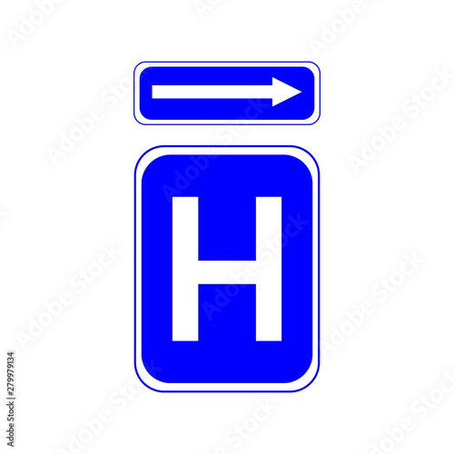 Hospital sign. Arrow showing the location of the hospital sign