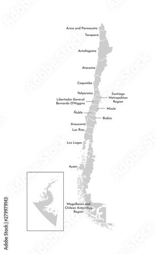 Vector isolated illustration of simplified administrative map of Chile. Borders and names of the regions. Grey silhouettes. White outline photo