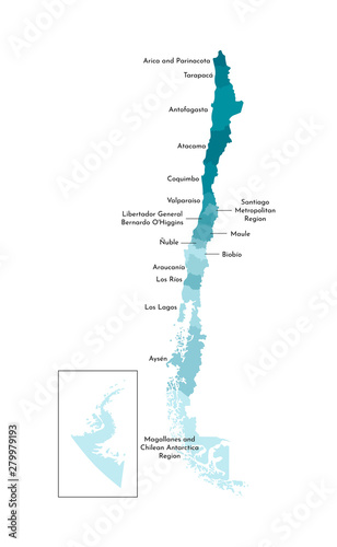 Vector isolated illustration of simplified administrative map of Chile. Borders and names of the regions. Colorful blue khaki silhouettes