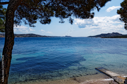Bautiful Beach view under a tree with turquise blue sea at Palau in Sardegna (Italy)