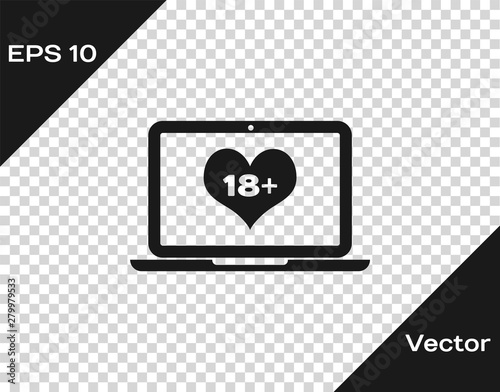 Grey Laptop computer with 18 plus content heart icon isolated on