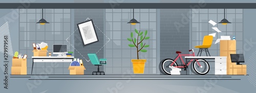 Cartoon Coworking Office with Accessories in Boxes