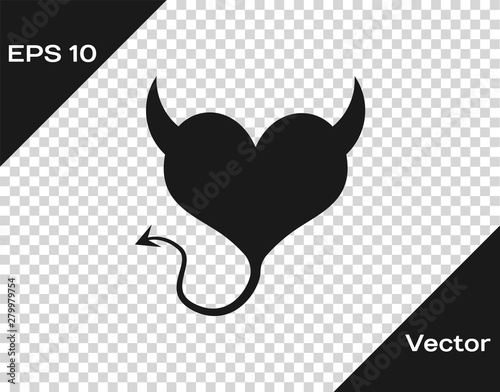 Grey Devil heart with horns and a tail icon isolated on transpar