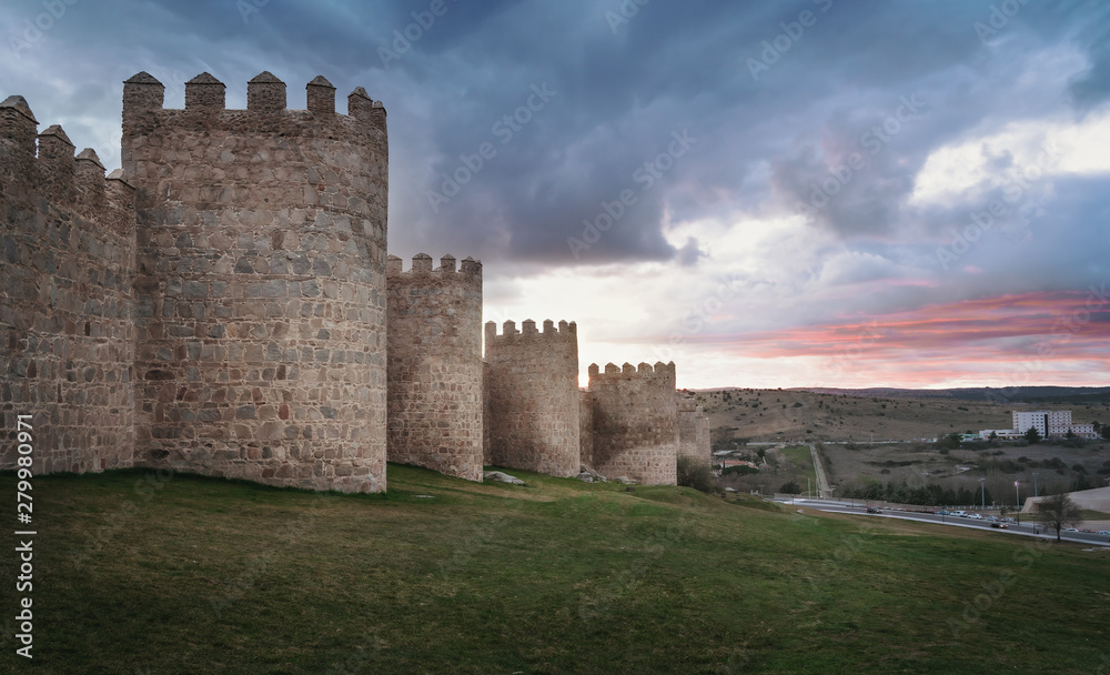Medieval Walls of Avila City at sunset - Avila,  Castile and Leon, Spain