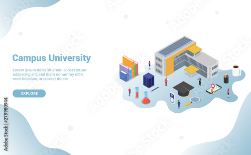 university campus life concept with big building and some related icon in education for website template landing homepage with modern isometric style - vector