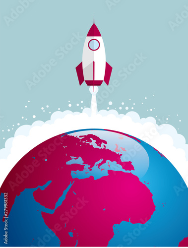 The rocket is launched from the earth. Isolated on blue background.