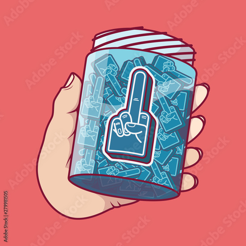 Jar of middle fingers foam hand vector illustration. Communication, anti social, negative design concept