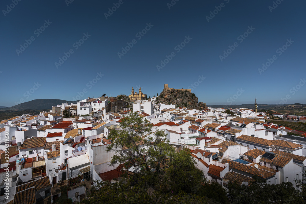 Aerial view of Olvera city with Castle and Cathedral - Olvera, Cadiz Province, Andalusia, Spain