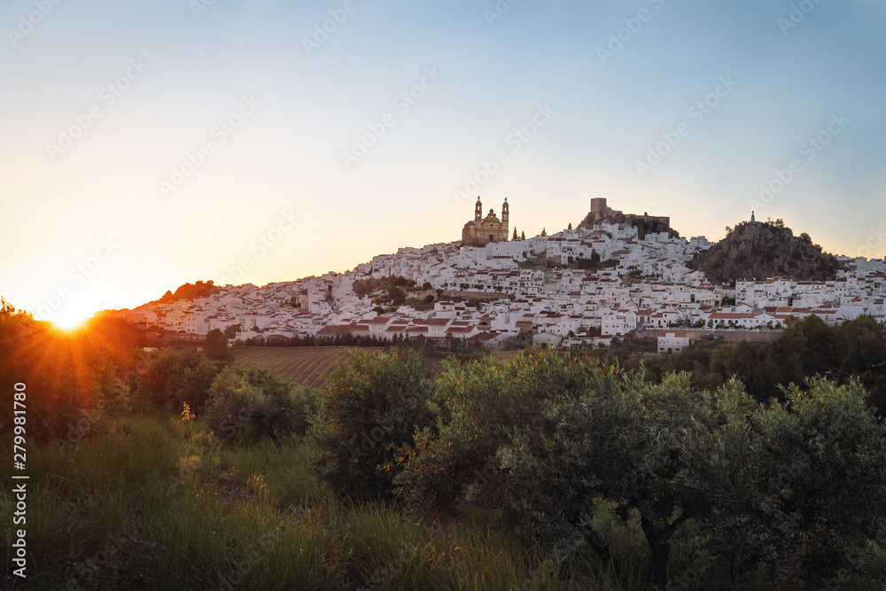 Olvera city with Castle and Cathedral at sunset - Olvera, Cadiz Province, Andalusia, Spain