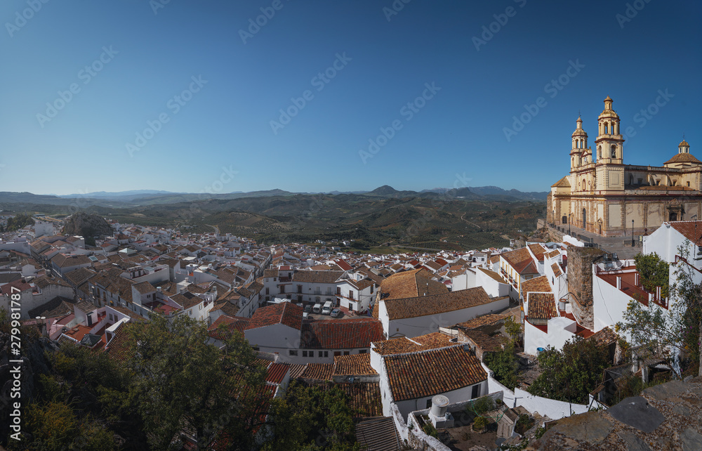 Panoramic aerial view of Olvera city and Cathedral - Olvera, Cadiz Province, Andalusia, Spain
