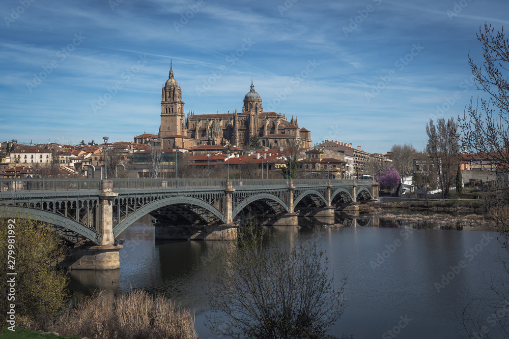Salamanca Skyline view with Cathedral and Enrique Estevan Bridge from Tormes River - Salamanca, Castile and Leon, Spain