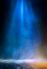 Wet asphalt, neon light reflected on a wet surface, smoke, smog. The lights of the night city.