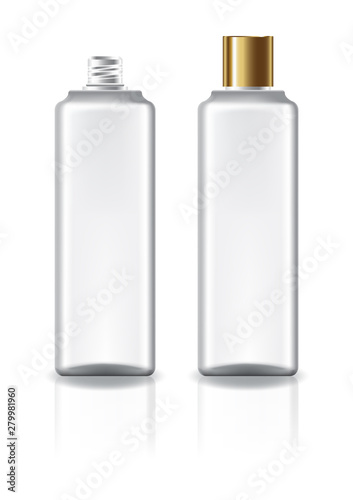 White square cosmetic bottle with gold plain screw lid for beauty or healthy product. Isolated on white background with reflection shadow. Ready to use for package design. Vector illustration.