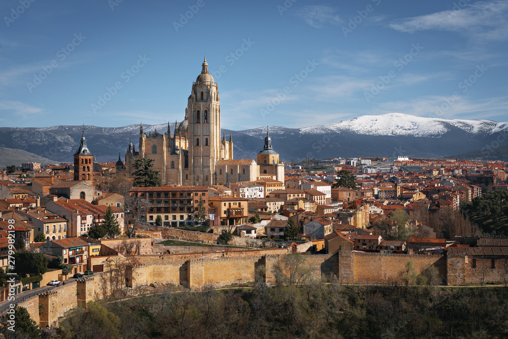Aerial view of Segovia skyline with Cathedral and City Walls - Segovia, Castile and Leon, Spain
